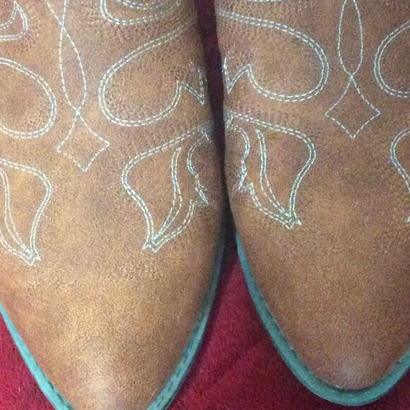 Jolimall Cognac Brown Faux Leather & Teal Heels Western Ankle Boots Women's 10 - Picture 4 of 10